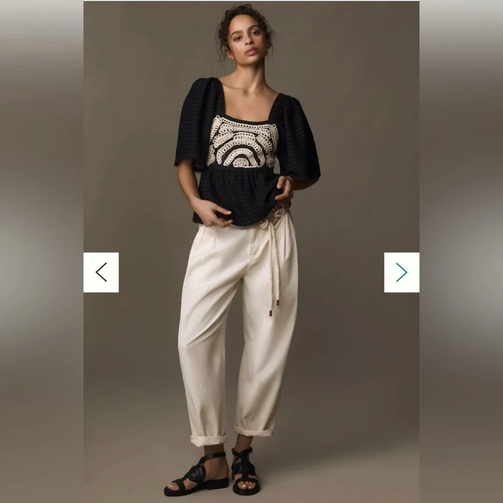 Anthropologie Black Top with Cream Crochet Inset